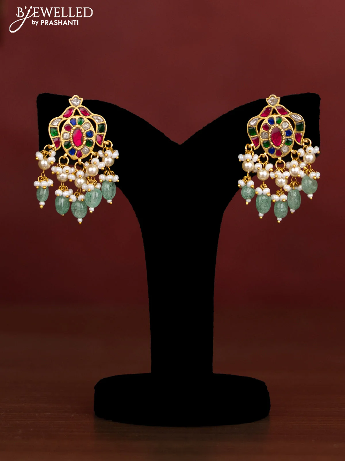 Antique beaded multicolor necklace floral pendant with jadau kundan stones and pearl & beads hangings - Image 2