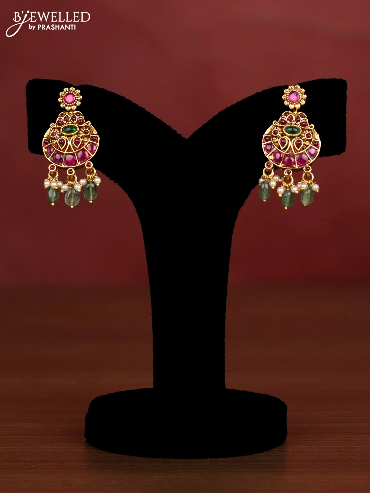 Antique beaded necklace lakshmi & chandbali reversible pendant with kemp stones and pearl & green beads hanging - Image 2