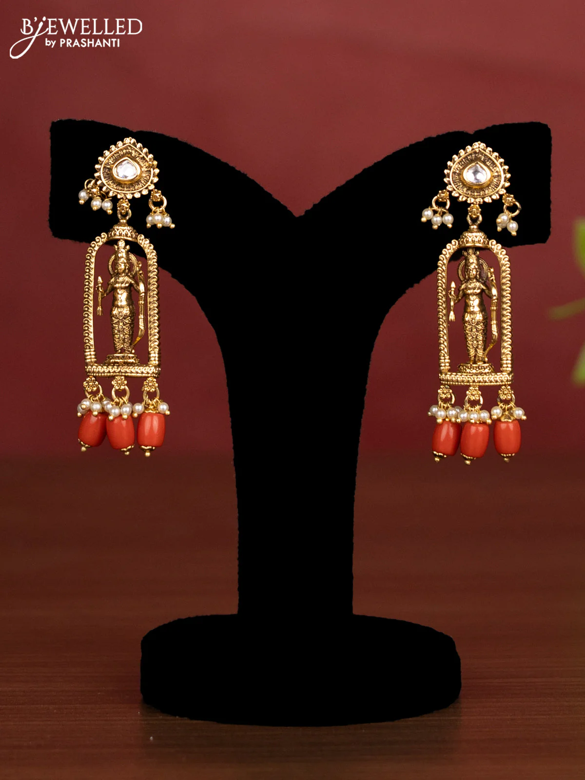 Antique beaded necklace ramdarbar pendant with kundan stones and pearl red beads hanging - Image 2