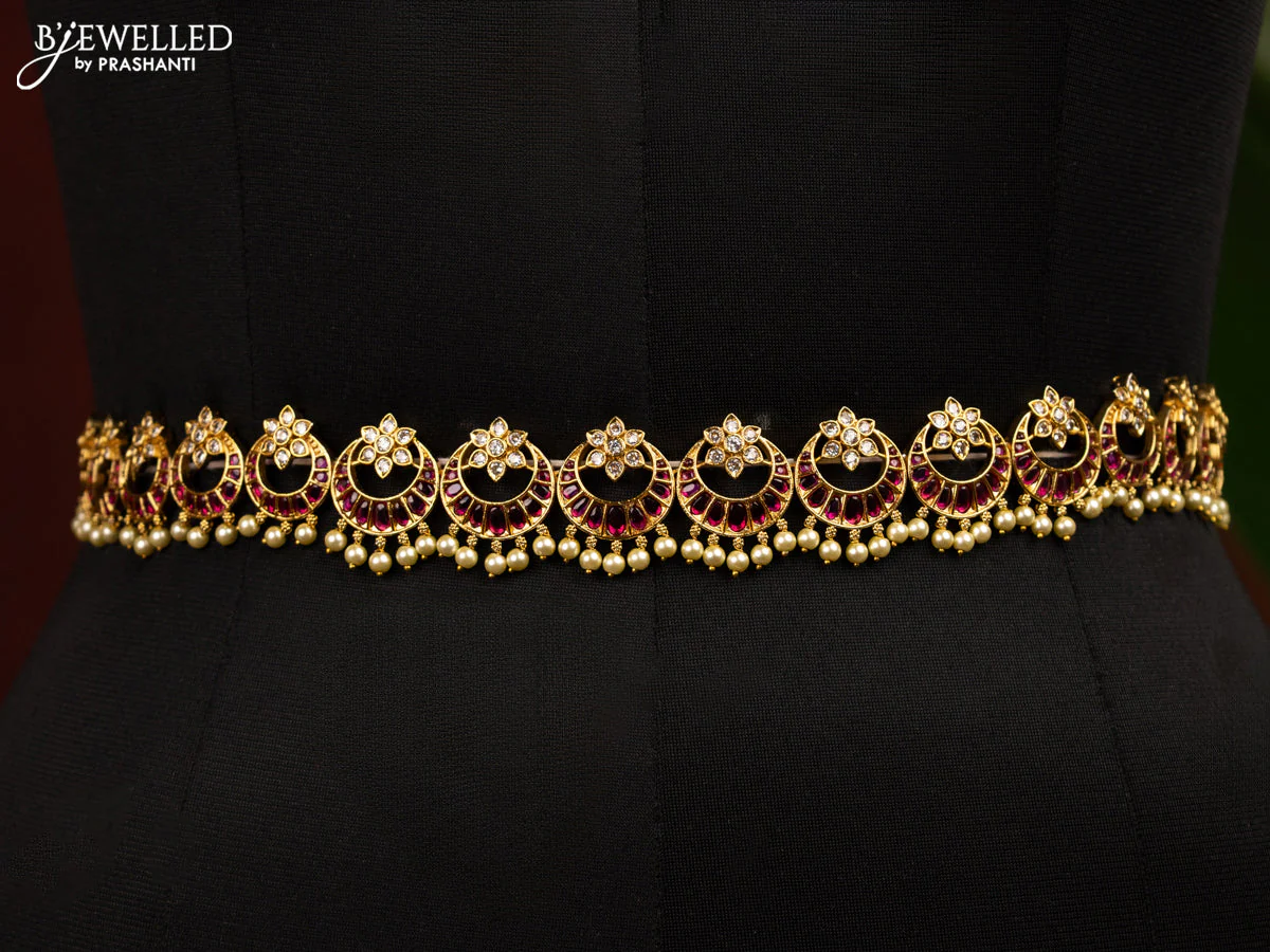 Antique bridal set chandbali design with pink kemp & cz stones and pearl hangings - Image 2