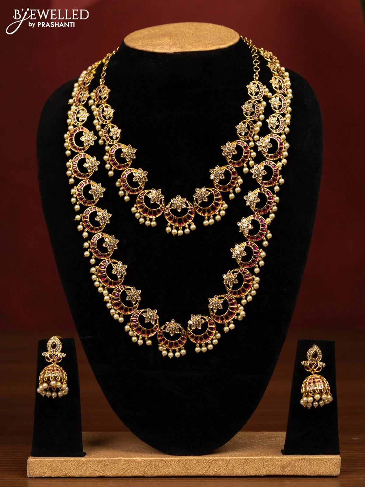 Antique bridal set chandbali design with pink kemp & cz stones and pearl hangings - Image 3