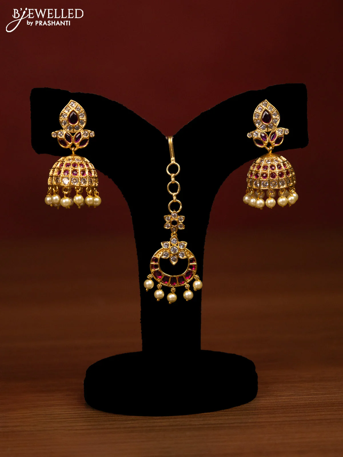 Antique bridal set chandbali design with pink kemp & cz stones and pearl hangings - Image 4