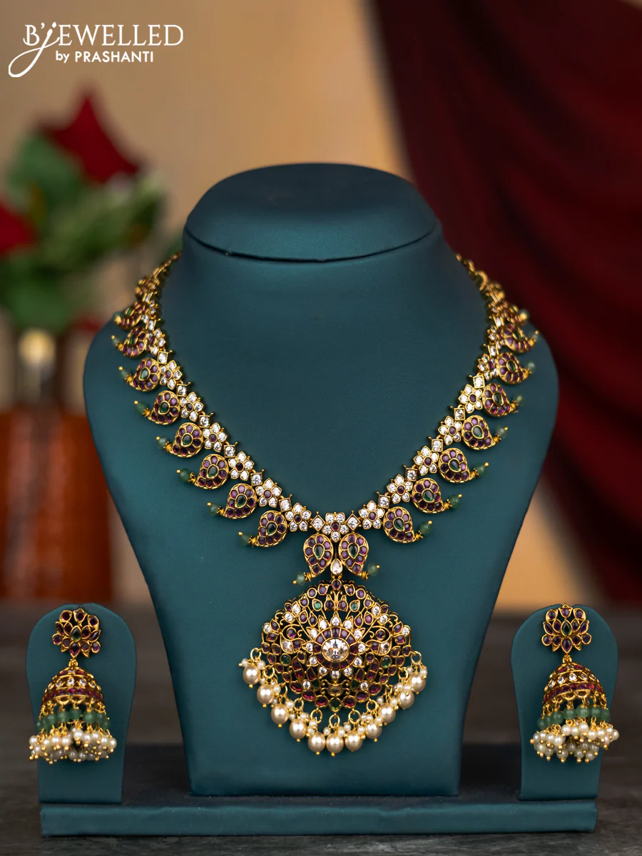 Antique changable 3 pendant necklace lakshmi & manga design with kemp & cz stones and pearl & beads hangings - Image 3