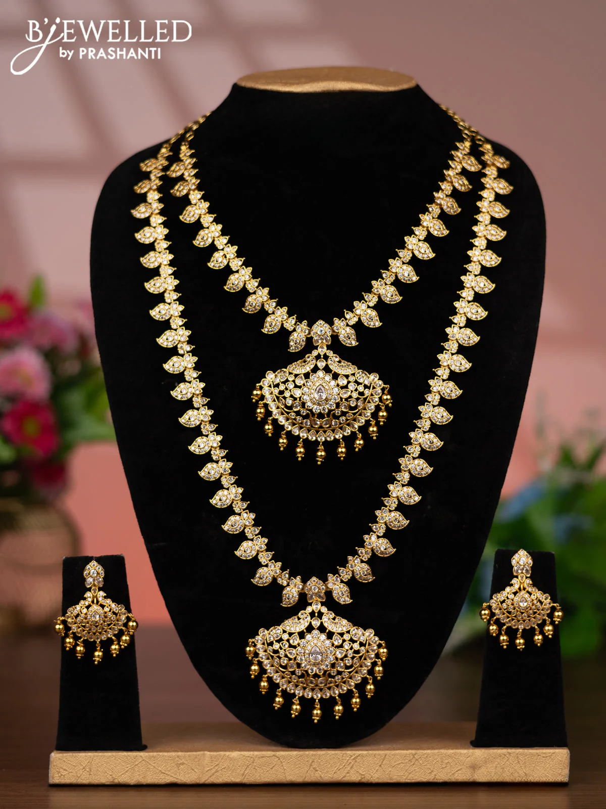 Antique combo set manga pattern with cz stones and golden beads hanging
