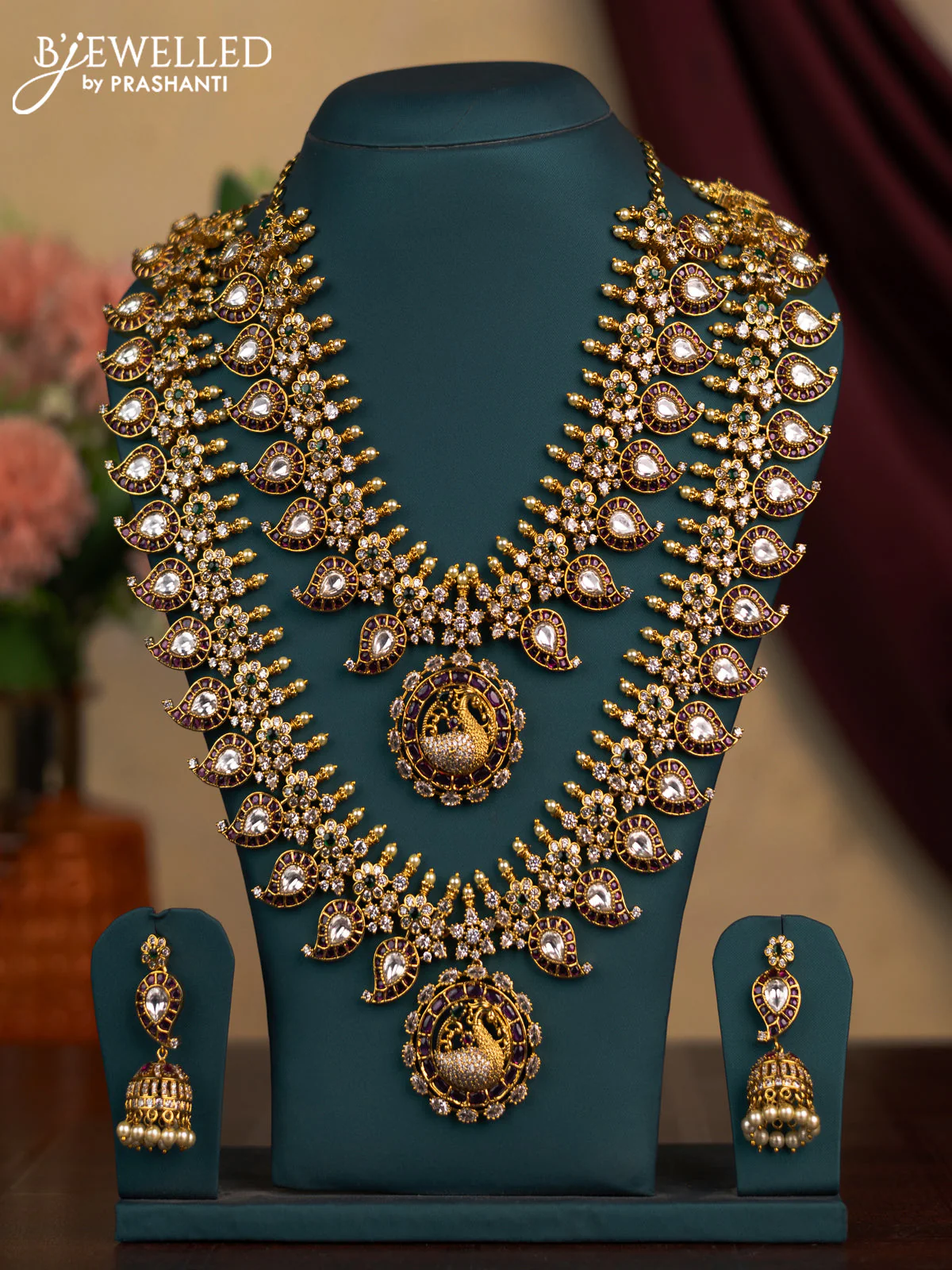 Antique combo set manga & peacock design with kemp & kundan stones and pearls without maang tikka