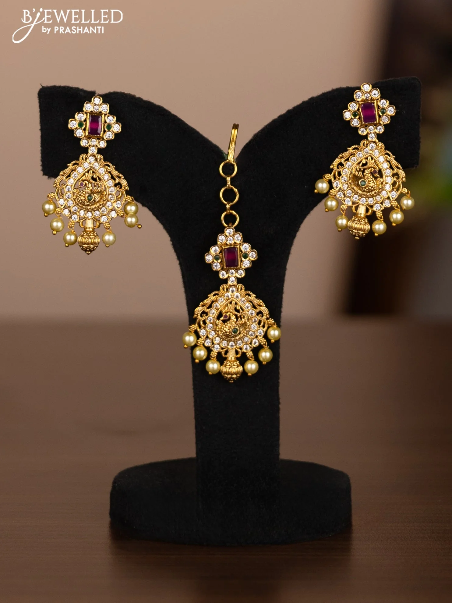 Antique combo set peacock design with kemp & cz stones and pearl hangings - Image 2