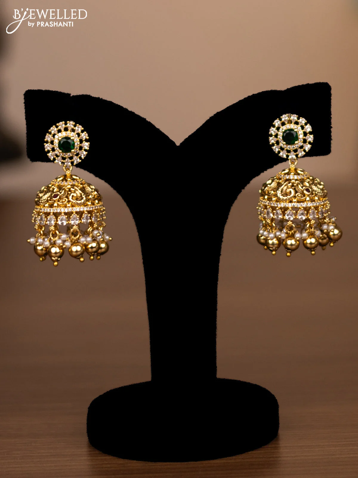 Antique double layer haaram with kemp & cz stones and golden beads hanging - Image 2