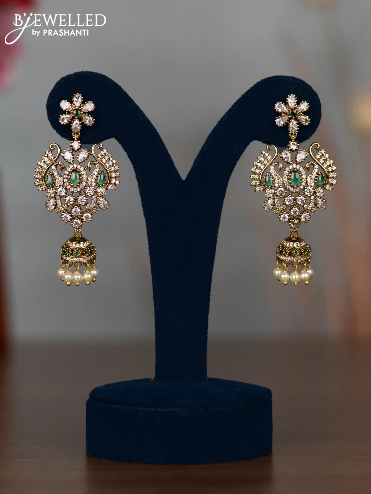 Antique earrings with emerald & kundan cz stones and pearl hangings