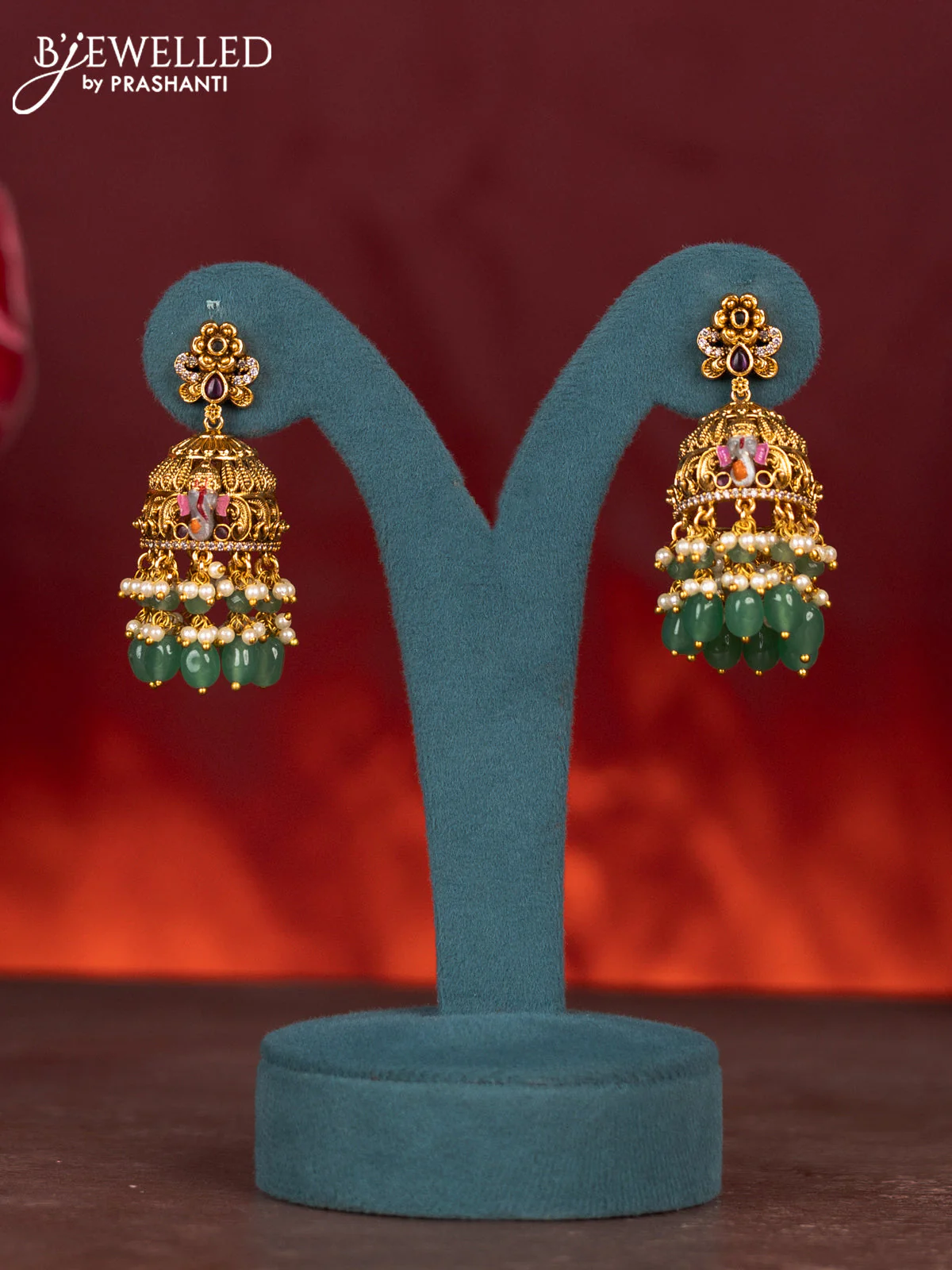 Antique enamel ganesha pendant haram with kemp & cz stones and green beads & pearl hanging - Image 2