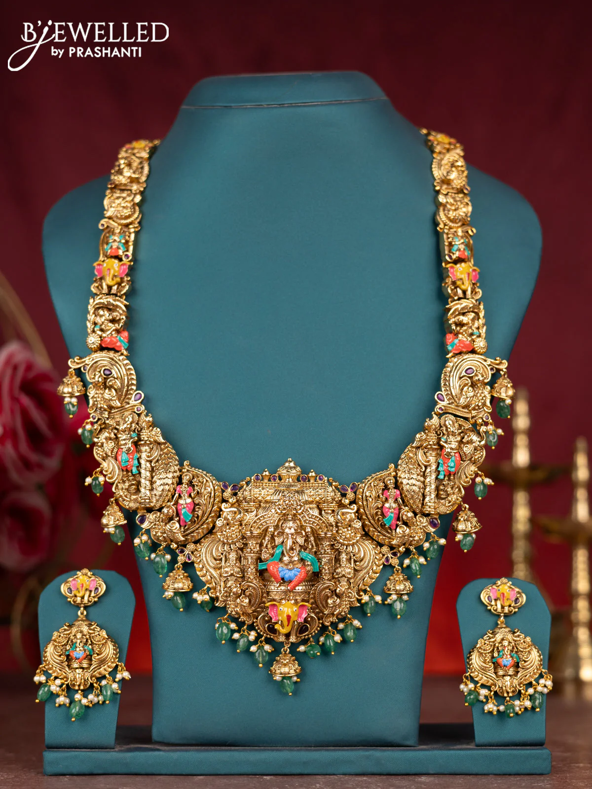 Antique enamel ganesha pendant haram with kemp stones and green beads & pearl hanging
