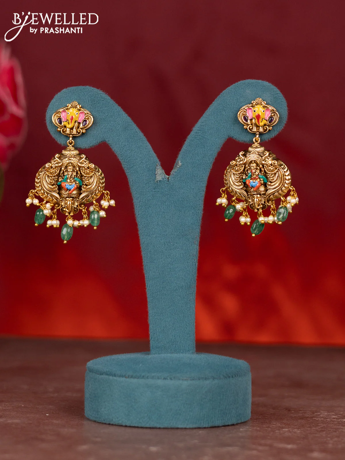 Antique enamel ganesha pendant haram with kemp stones and green beads & pearl hanging - Image 2