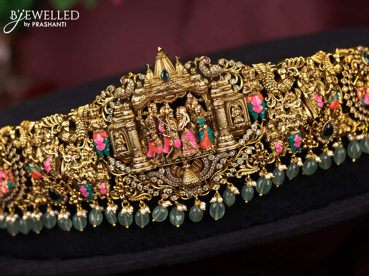 Antique enamel hip belt ram and sita design green beads and pearl hangings - Image 2