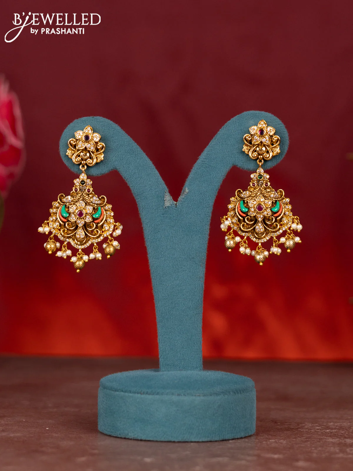 Antique enamel krishna pendant haram with cz & kemp stones and golden beads hanging - Image 2