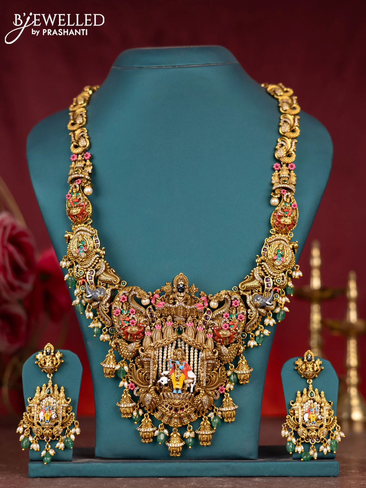 Antique enamel krishna pendant haram with cz & kemp stones and green beads hanging