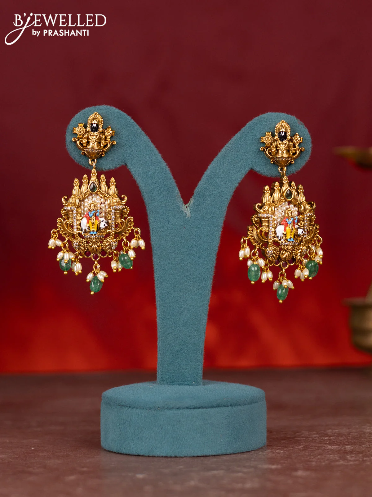 Antique enamel krishna pendant haram with cz & kemp stones and green beads hanging - Image 2