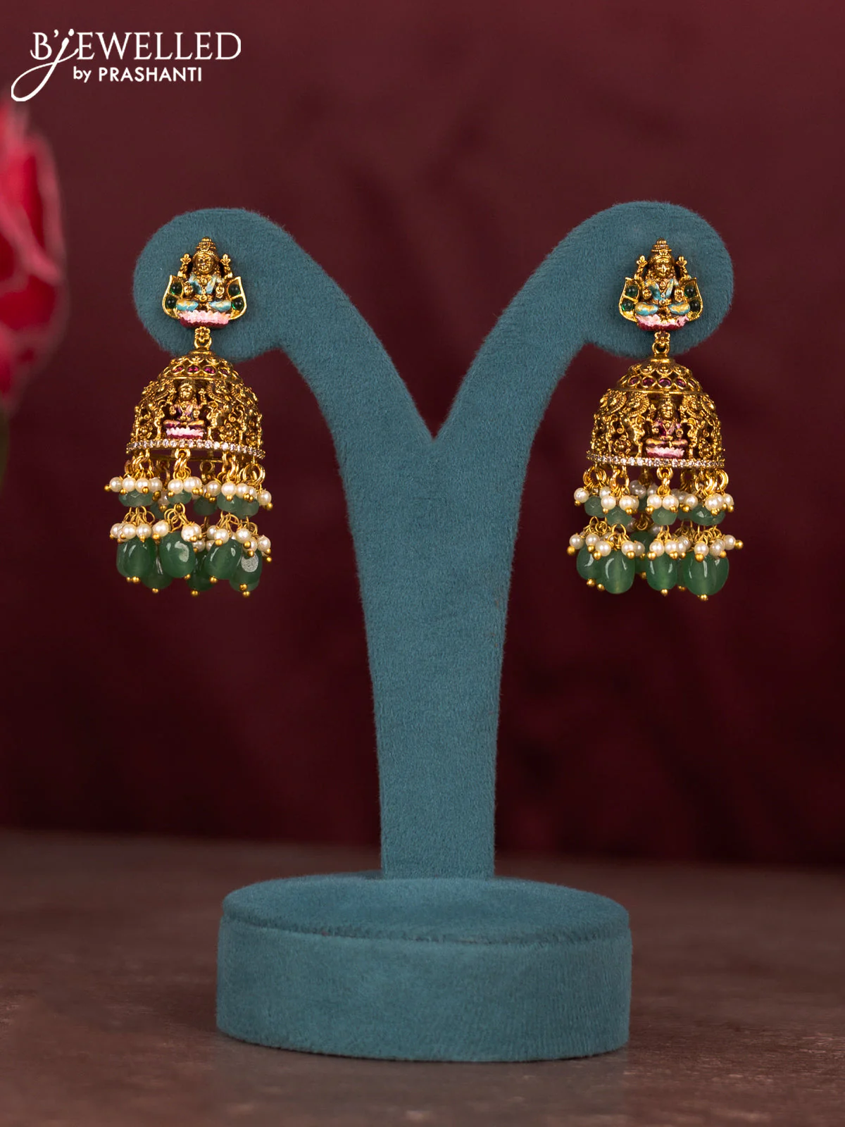 Antique enamel lakshmi pendant haram with cz & kemp stones and green beads hanging - Image 2