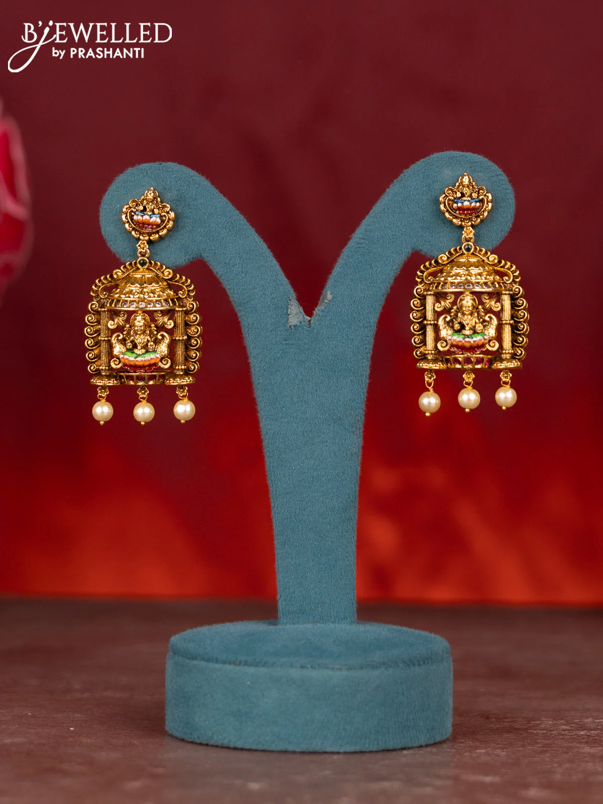 Antique enamel lakshmi pendant haram with cz & kemp stones and pearl beads hanging - Image 2