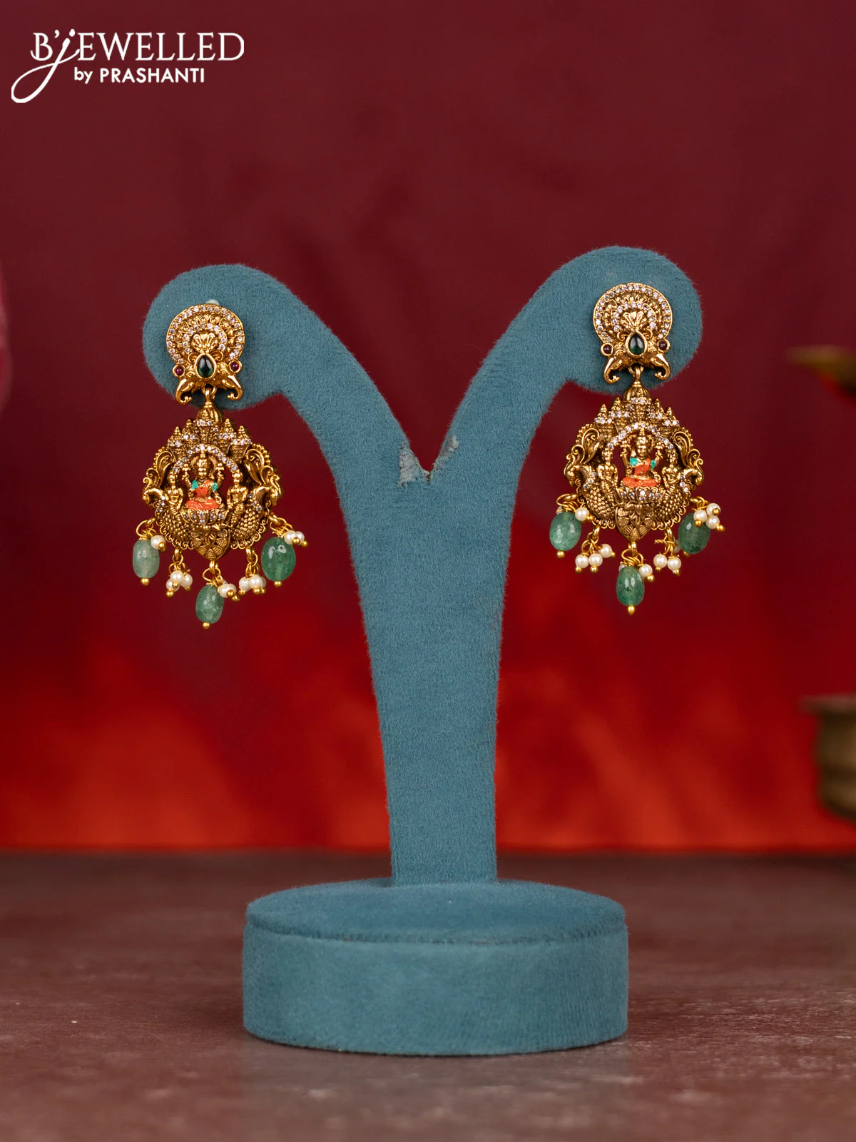 Antique enamel lakshmi pendant haram with kemp & cz stones and green beads & pearl hanging - Image 2