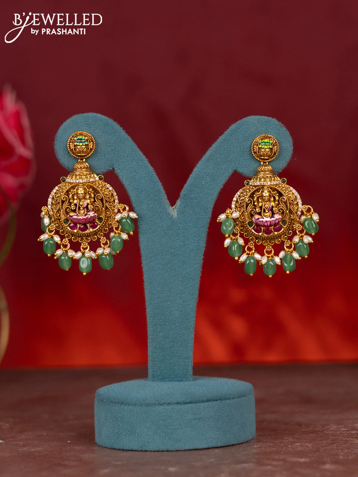 Antique enamel lakshmi pendant haram with kemp stones and green beads & pearl hanging - Image 2