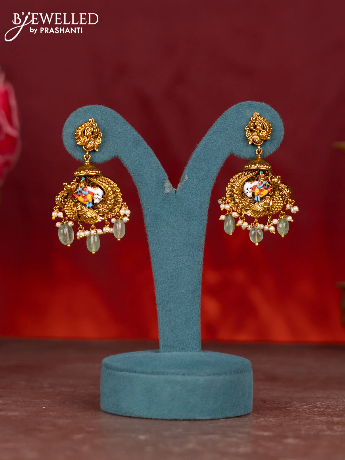 Antique enamel lakshmi pendant haram with kemp stones and green beads & pearl hanging - Image 2