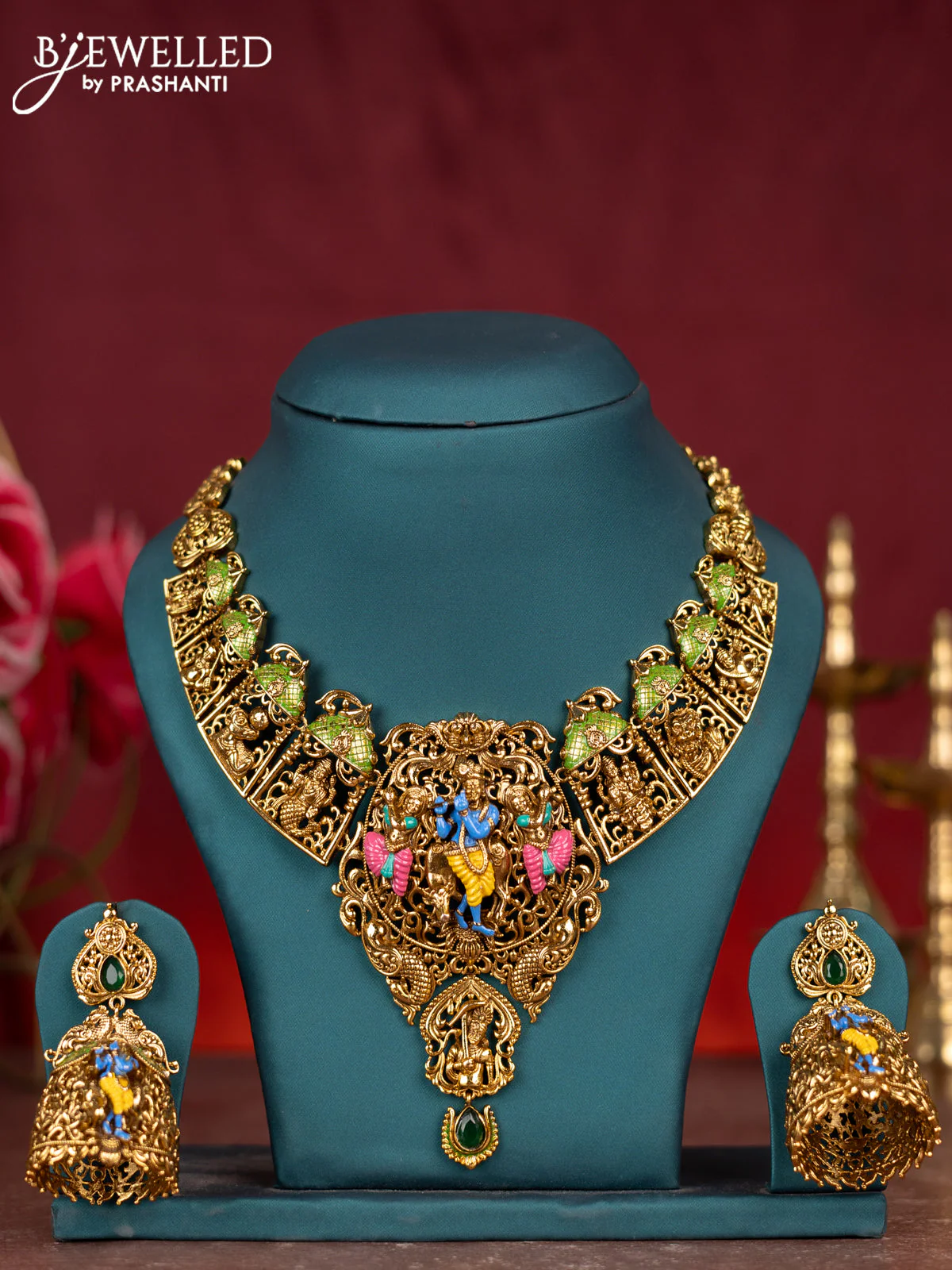 Antique enamel necklace krishna pendant with emerald stone