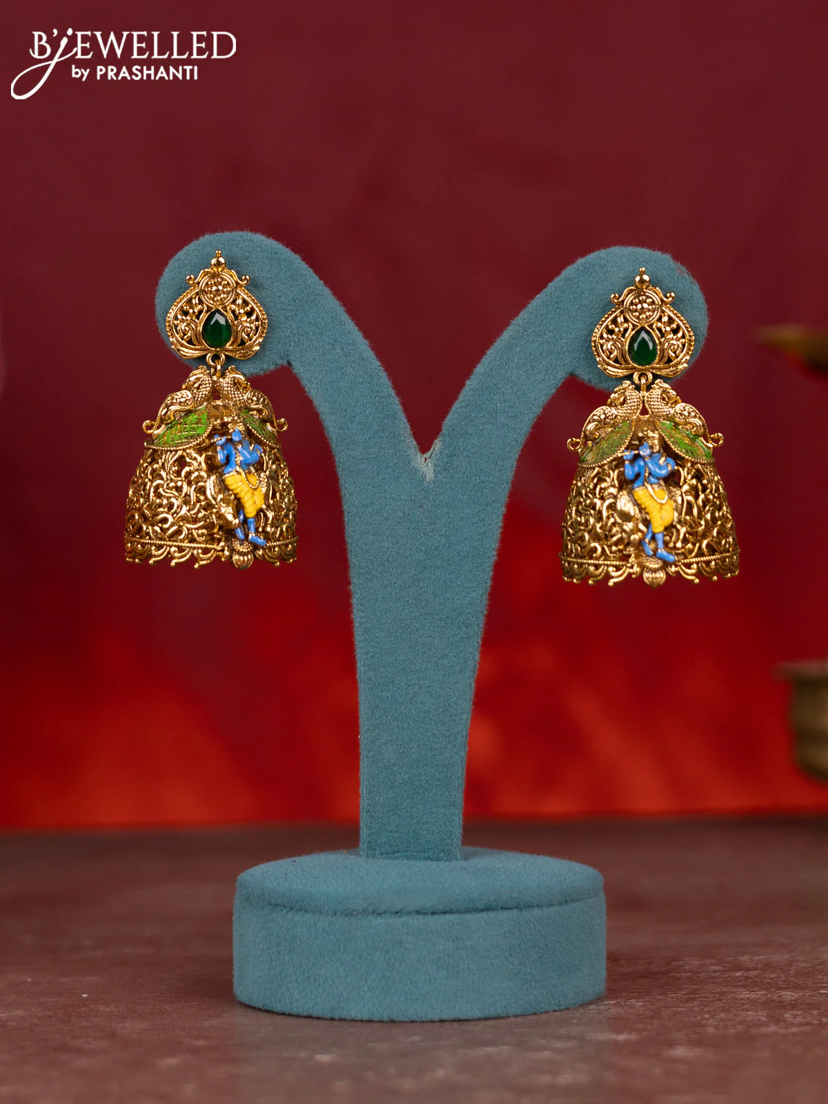 Antique enamel necklace krishna pendant with emerald stone - Image 2