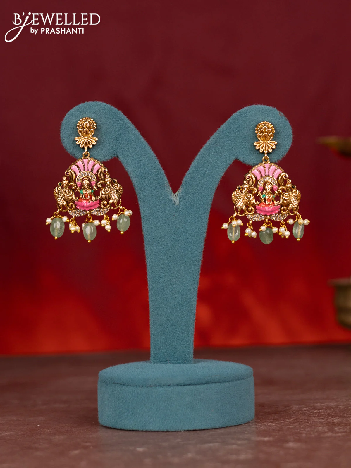 Antique enamel necklace lakshmi & elephnat design with kemp & cz stones and pearl & mint green beads hangings - Image 2