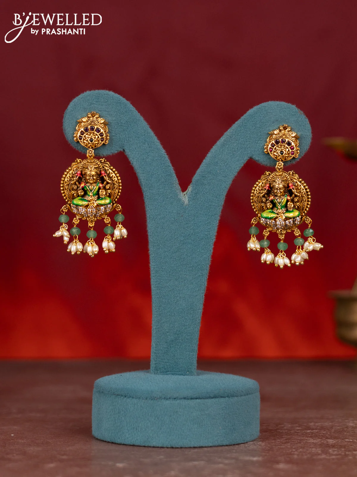 Antique enamel necklace lakshmi pendant with kemp & cz stones and pearl & mint green beads hangings - Image 2