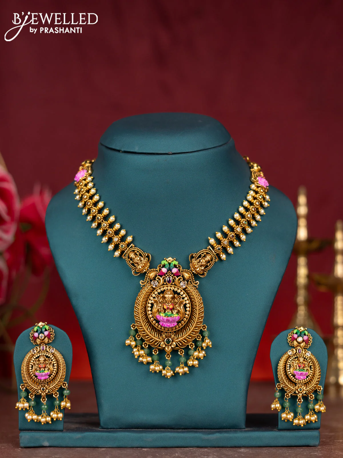 Antique enamel necklace lakshmi pendant with kemp & cz stones and pearl & mint green beads hangings