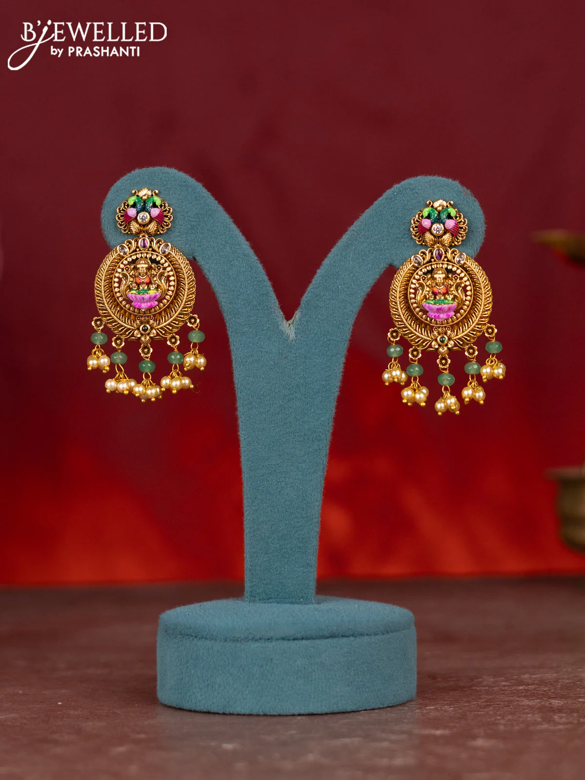 Antique enamel necklace lakshmi pendant with kemp & cz stones and pearl & mint green beads hangings - Image 2