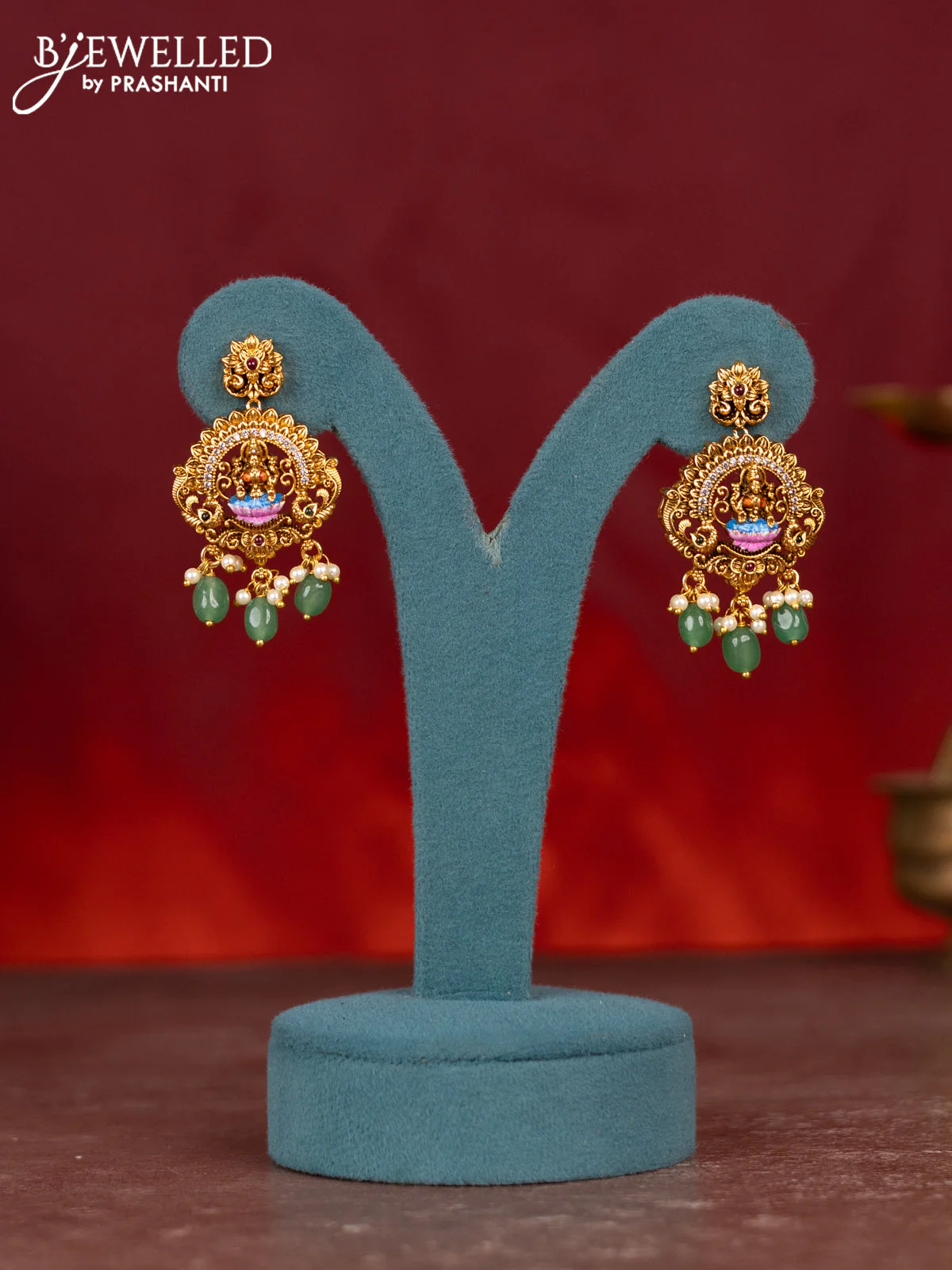 Antique enamel necklace lakshmi pendant with kemp & cz stones and pearl & mint green beads hangings - Image 2