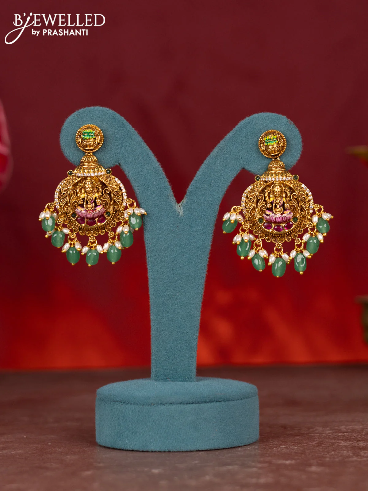 Antique enamel necklace lakshmi pendant with kemp & cz stones and pearl & mint green beads hangings - Image 2
