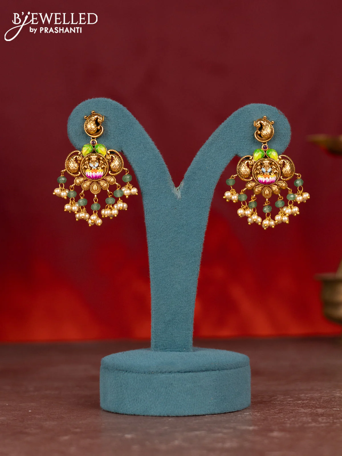 Antique enamel necklace lakshmi pendant with ruby stones and pearl & mint green beads hangings - Image 2