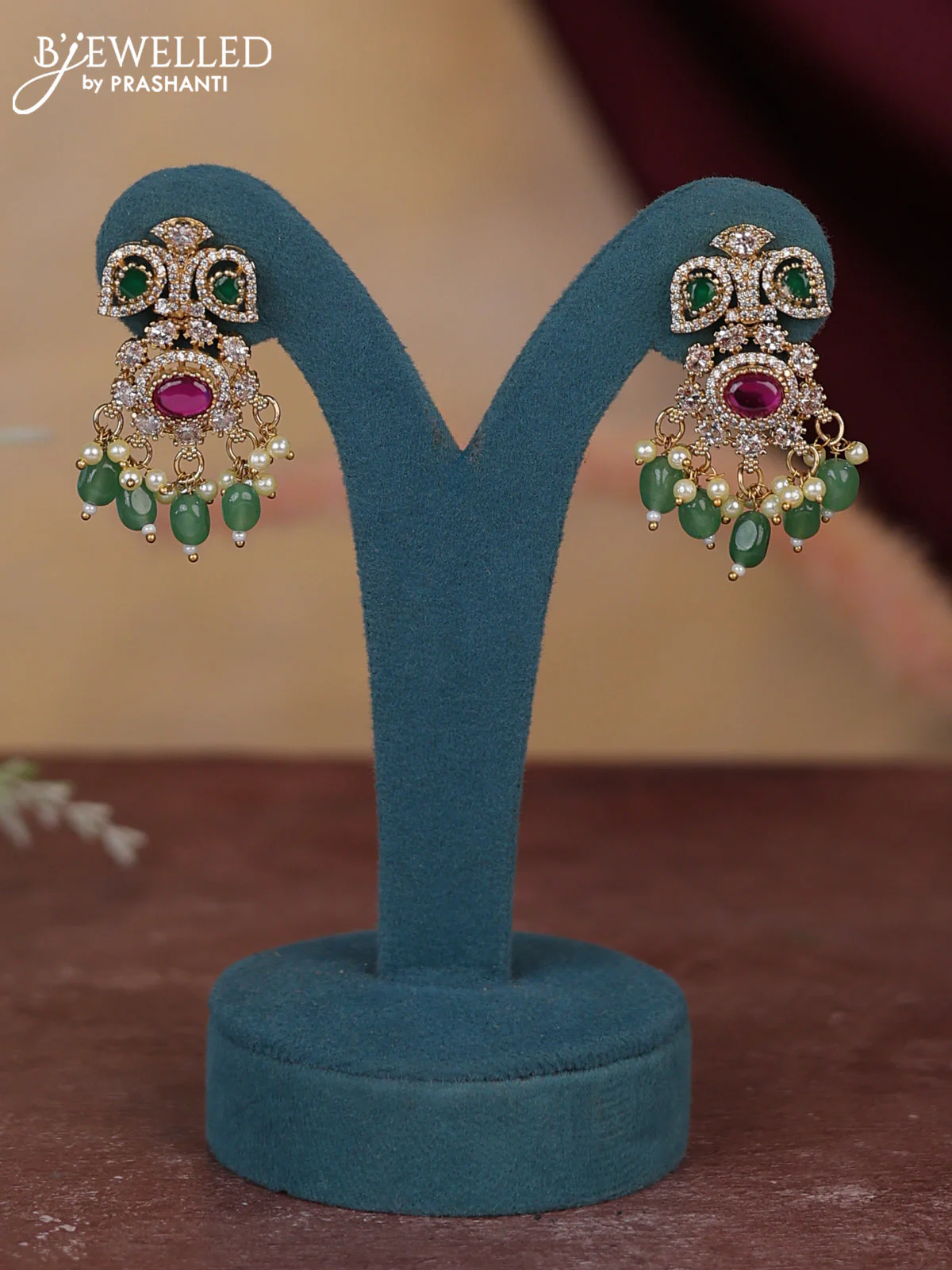 Antique guttapusalu double layer necklace with kemp & cz stones and pearl and green beads hangings - Image 2