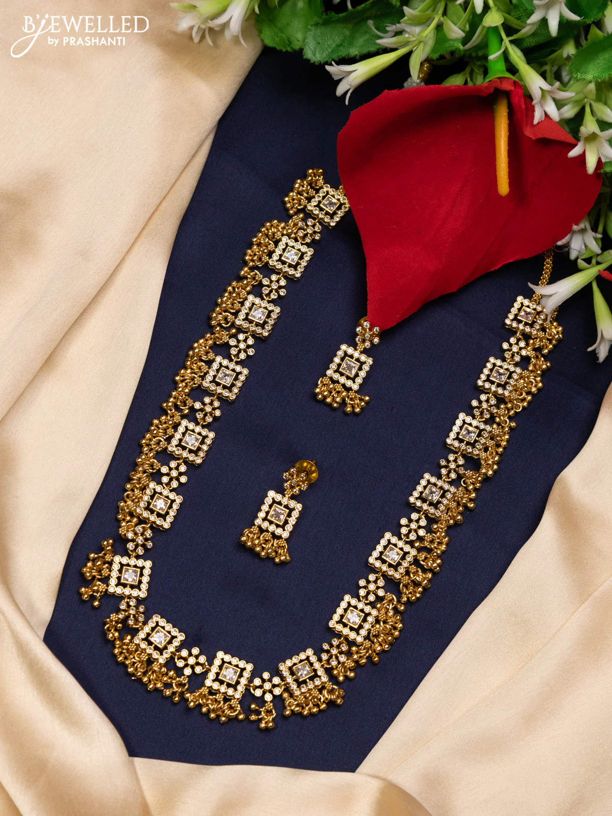 Antique guttapusalu haaram with cz stones and golden beads hanging