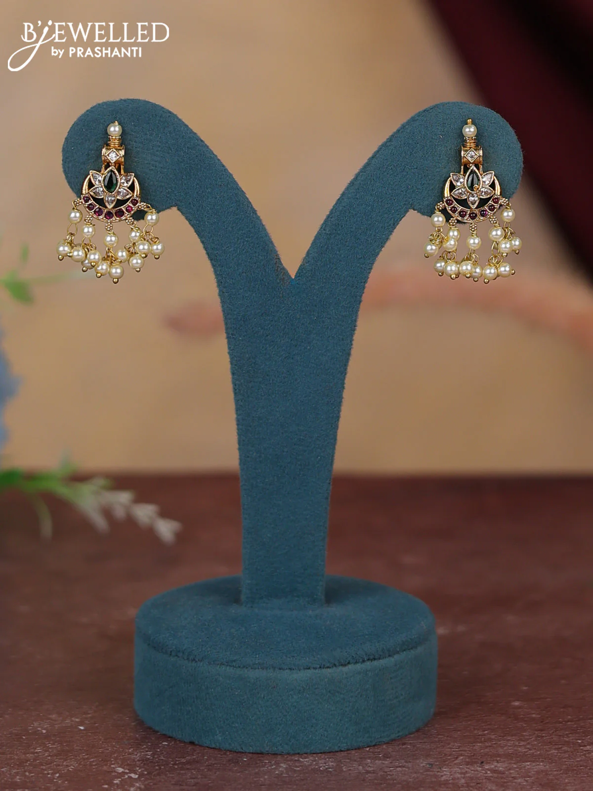 Antique guttapusalu haram chandbali design with kemp & cz stones and pearl hangings - Image 2