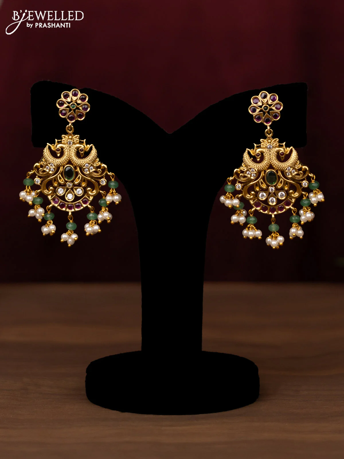 Antique guttapusalu haram double peacock design with ruby & emerlad and cz stones with pearl hangings - Image 2