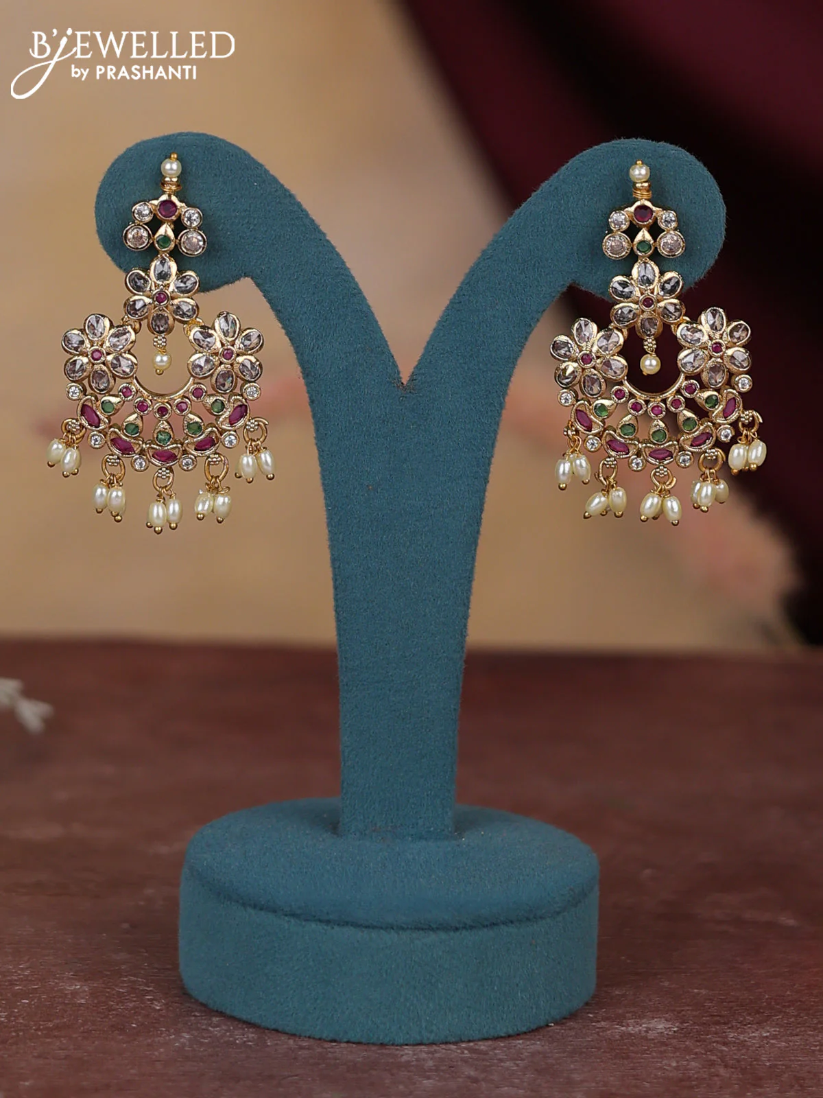 Antique guttapusalu haram floral design with kemp and cz stones and pearl hangings - Image 2