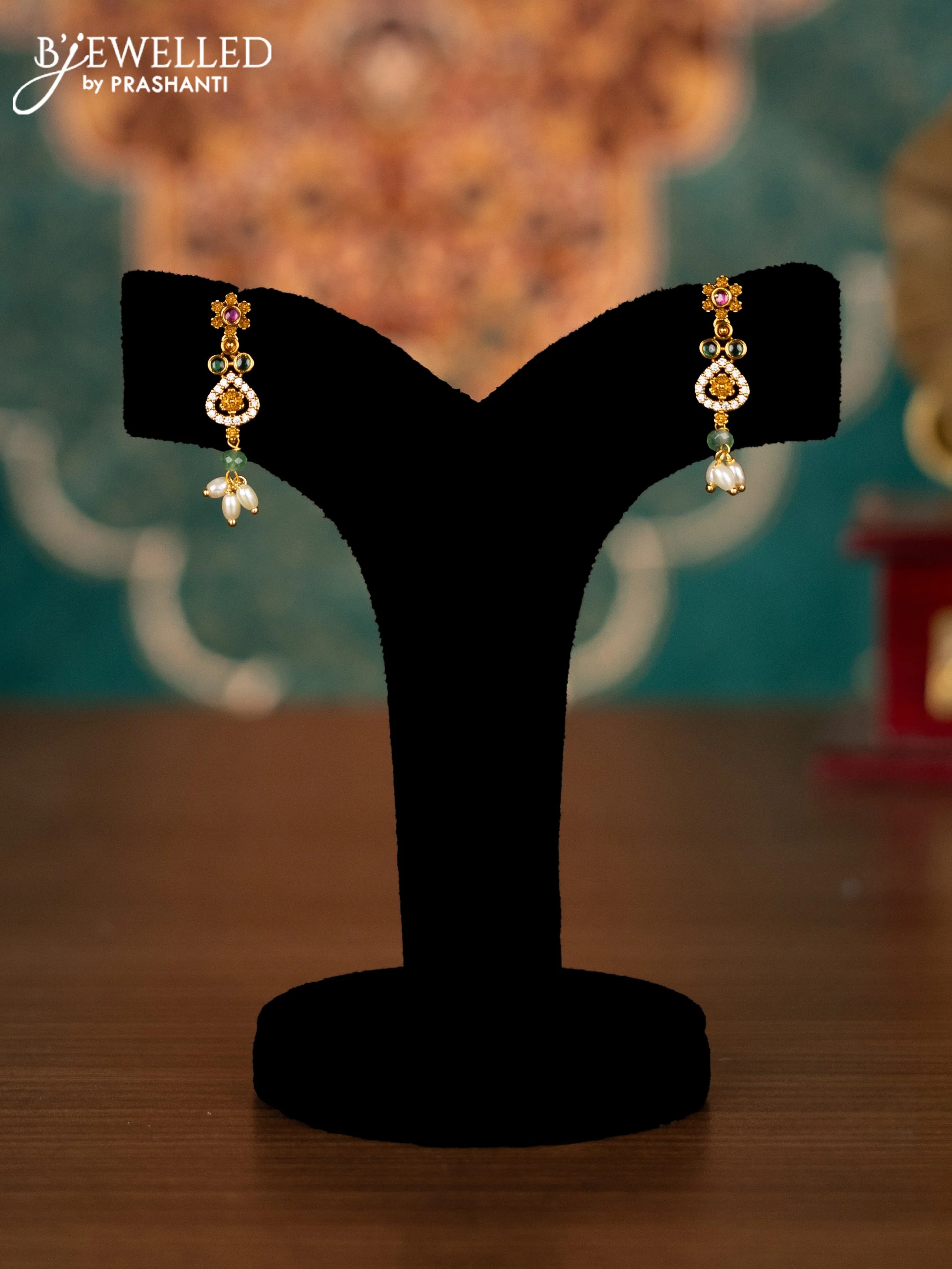 Antique guttapusalu haram floral design with kemp & cz stones and pearl hangings - Image 2