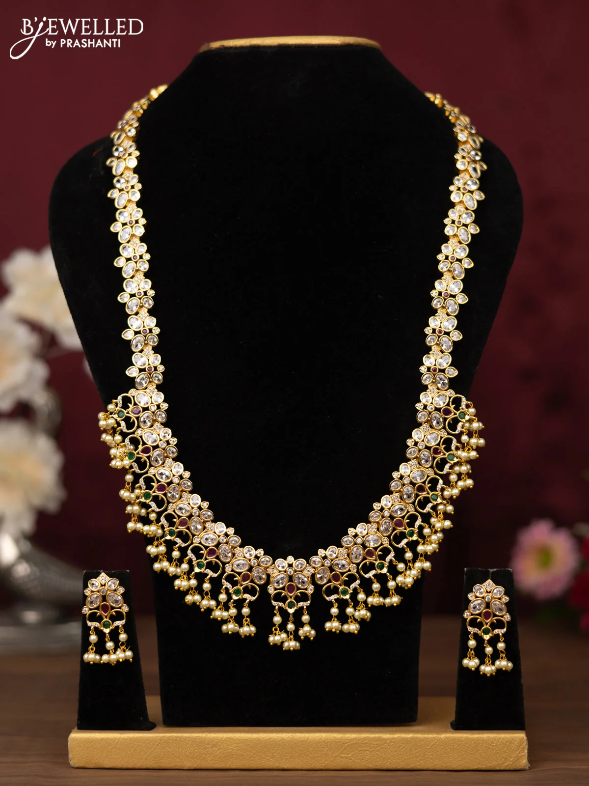 Antique guttapusalu haram floral design with ruby & emerlad and cz stones with pearl hangings