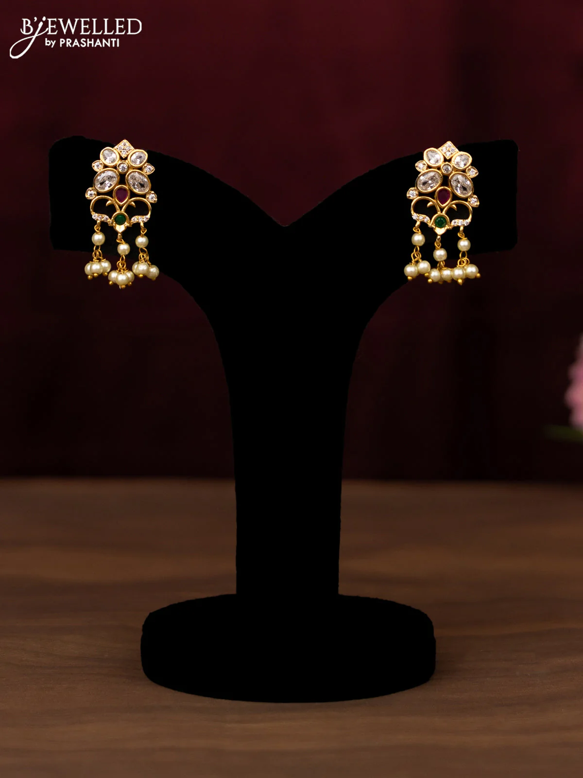 Antique guttapusalu haram floral design with ruby & emerlad and cz stones with pearl hangings - Image 2