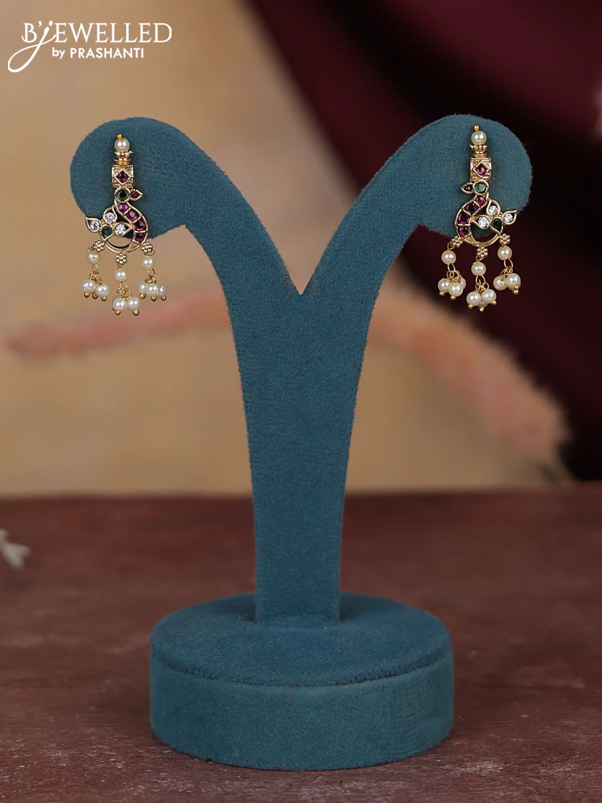Antique guttapusalu haram floral & peacock design with kemp and cz stones and pearl hangings - Image 2