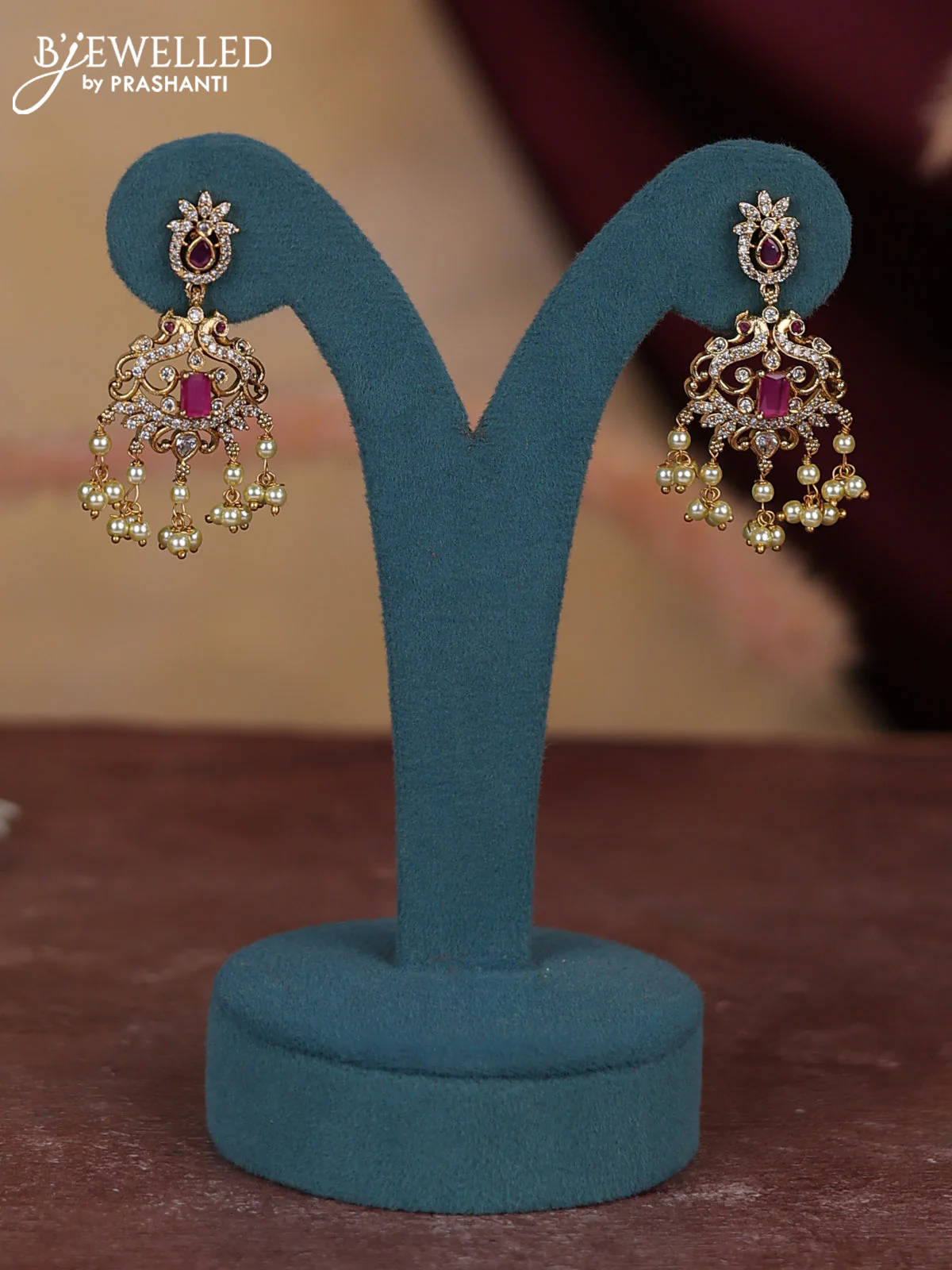 Antique guttapusalu haram floral & peacock design with kemp and cz stones and pearl hangings - Image 2
