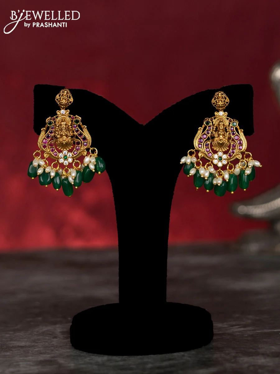 Antique guttapusalu haram lakhmi design with kemp & cz stones and pearl & green beads hangings - Image 2
