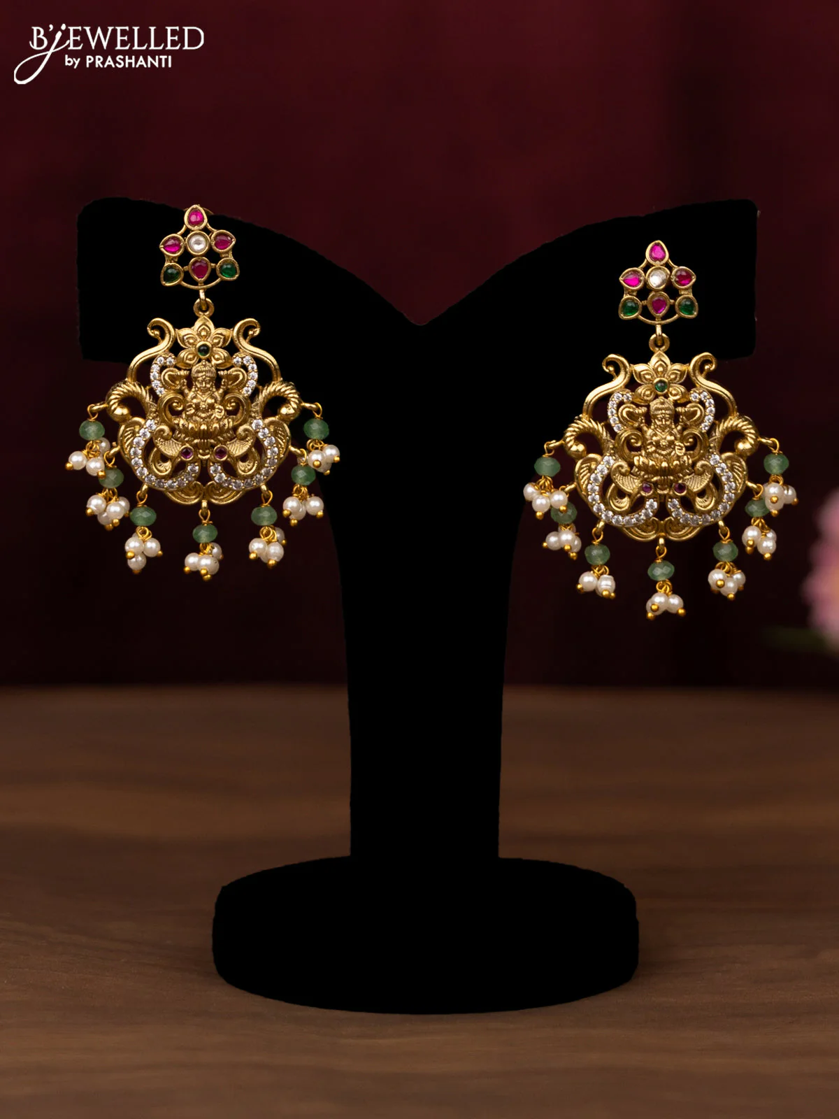 Antique guttapusalu haram lakshmi design with jadau kundan stones ruby & emerlad and cz stones with pearl hangings - Image 2