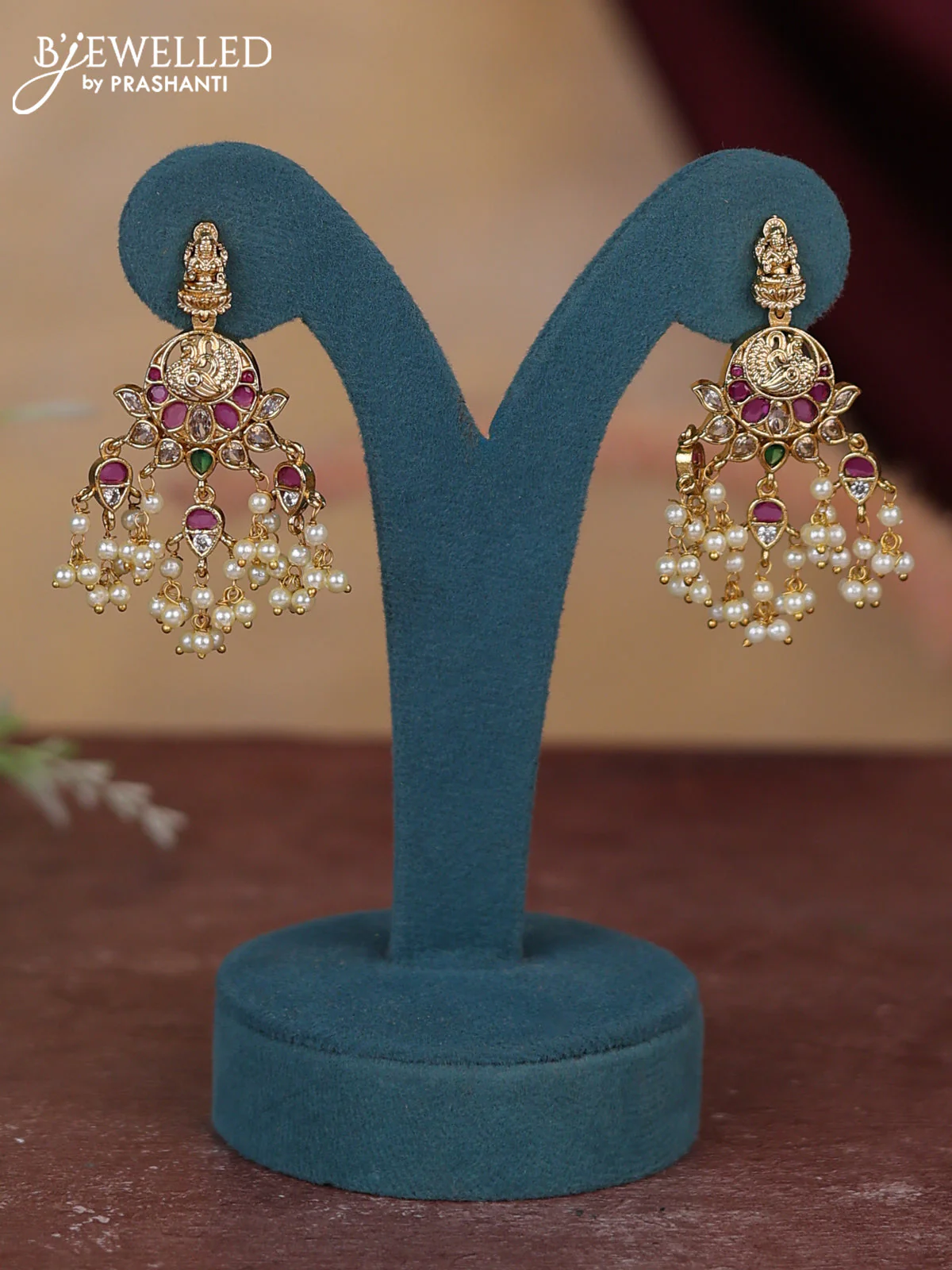 Antique guttapusalu haram lakshmi design with kemp & cz stones and pearl hangings - Image 2
