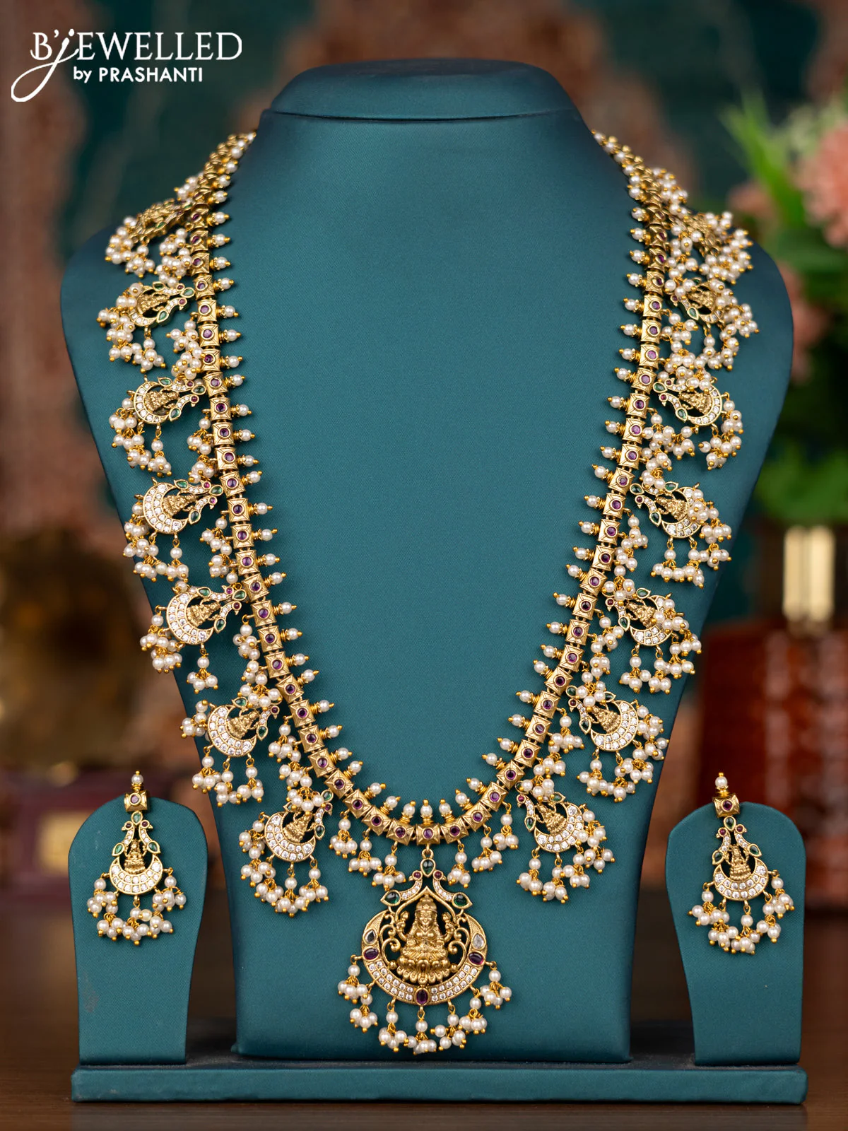 Antique guttapusalu haram lakshmi & peacock design with kemp and cz stone and pearl hangings