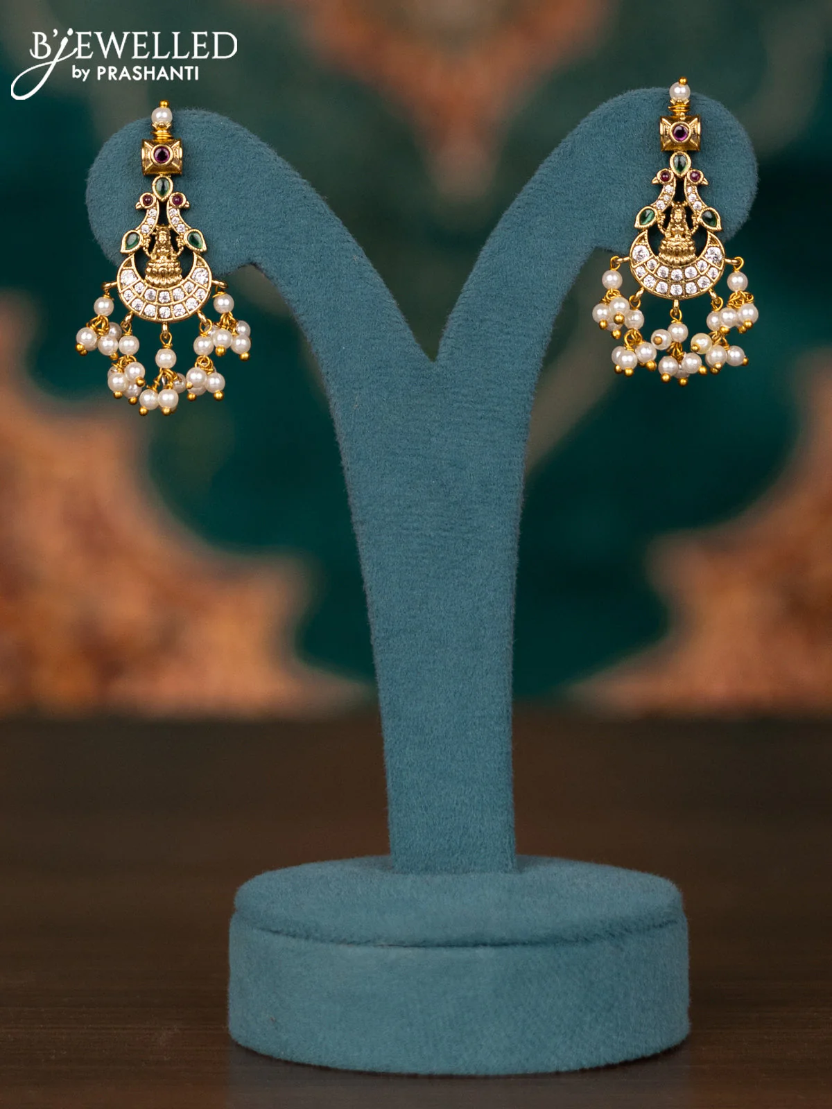 Antique guttapusalu haram lakshmi & peacock design with kemp and cz stone and pearl hangings - Image 2
