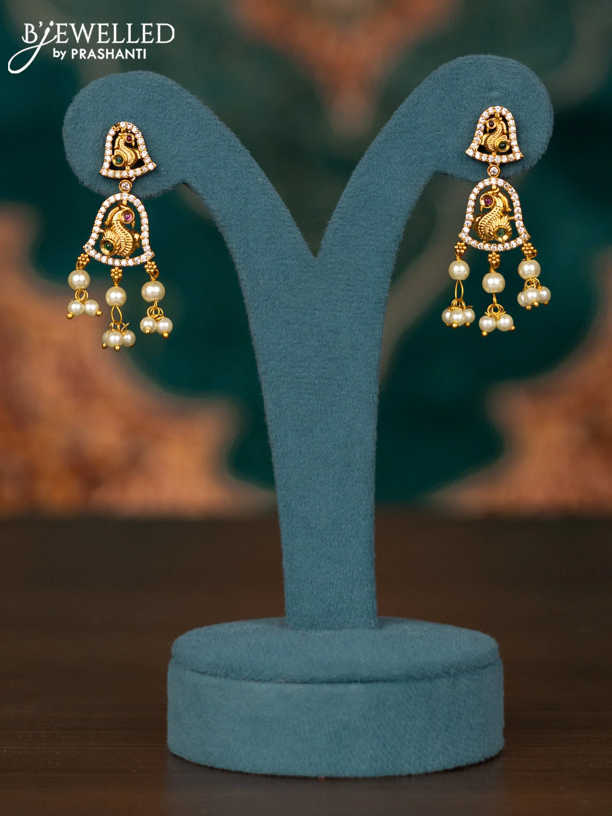Antique guttapusalu haram peacock design with kemp & cz stone and pearl hangings - Image 2