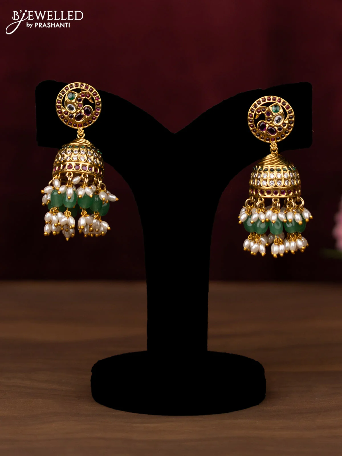 Antique guttapusalu haram peacock design with kemp & cz stones and pearl & green beads hanging - Image 2